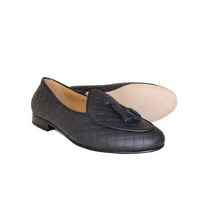 New Handmade in Italy, Men's Quilted Black Leather Loafers with Tassel size 13